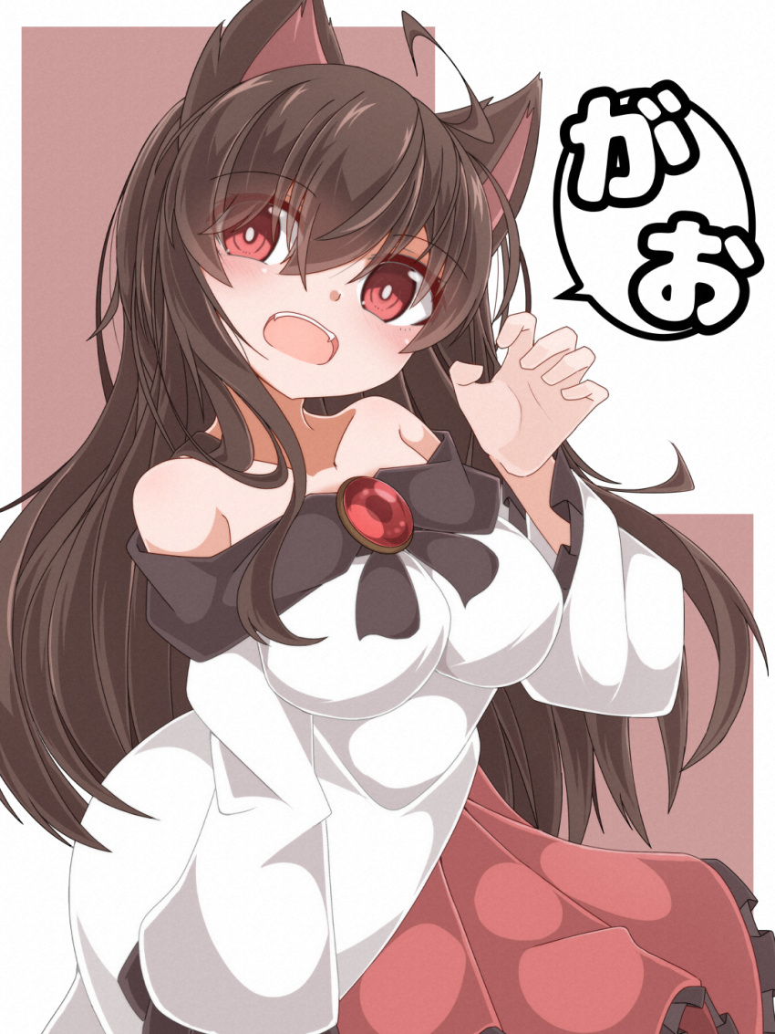 1girl animal_ears ao_(aoblueao) bangs border breasts bright_pupils brooch brown_background brown_hair dress hair_between_eyes highres imaizumi_kagerou jewelry long_hair long_sleeves looking_at_viewer medium_breasts multicolored multicolored_clothes multicolored_dress off-shoulder_dress off_shoulder open_mouth red_dress red_eyes simple_background solo speech_bubble touhou translation_request two-tone_dress white_border white_dress white_pupils wide_sleeves wolf_ears