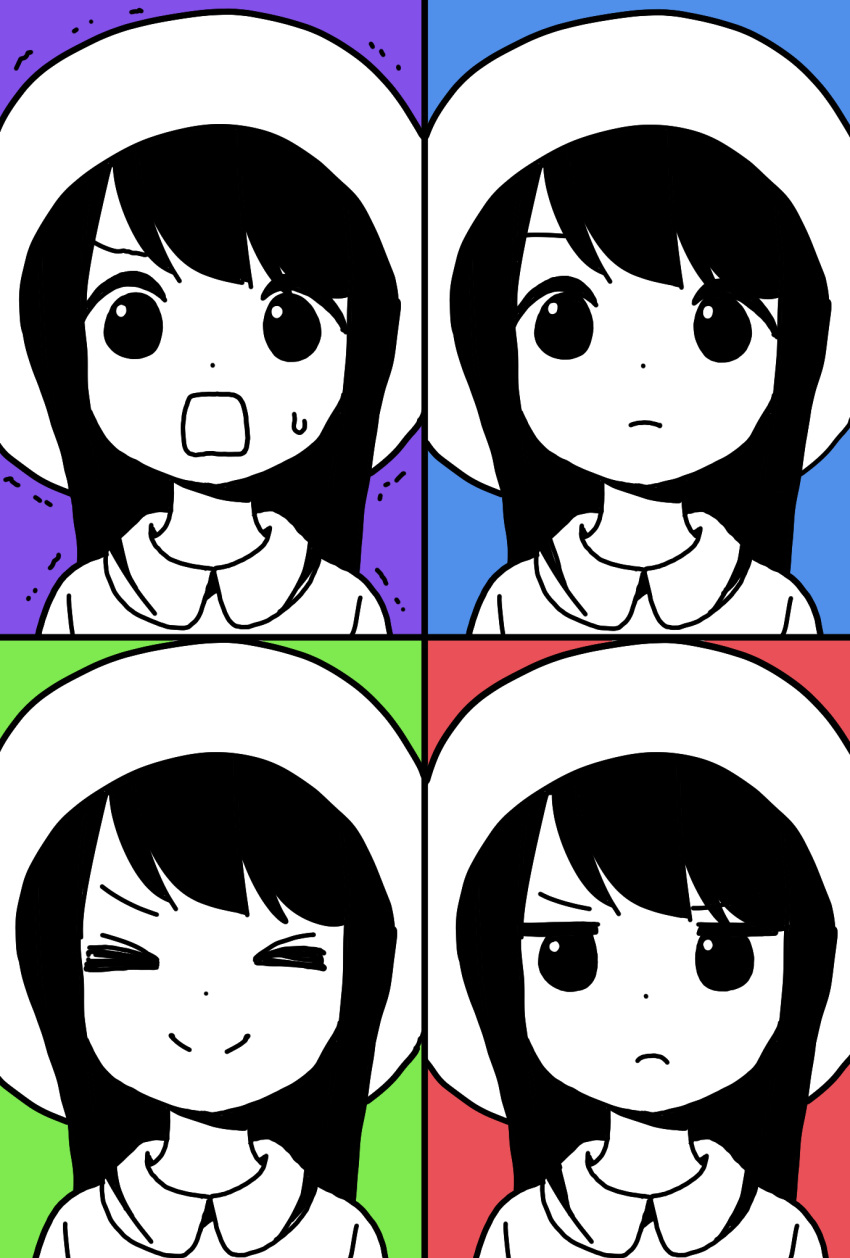 &gt;_&lt; 1girl :d annoyed bangs blue_background closed_eyes closed_mouth collared_shirt commentary_request dot_nose expressionless expressions facing_viewer frown green_background happy hat highres katsuwo_(cr66g) kotoha_(mitsuboshi_colors) long_hair looking_at_viewer mitsuboshi_colors motion_lines multicolored multicolored_background multiple_views open_mouth partially_colored portrait purple_background red_background shirt smile split_mouth sweatdrop trembling