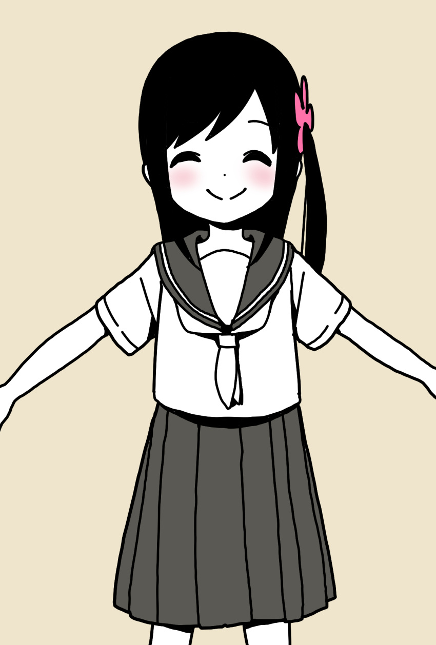 1girl ^_^ bangs blush closed_eyes closed_mouth commentary_request dot_nose facing_viewer flower grey_background hair_flower hair_ornament happy highres hitori_bocchi hitoribocchi_no_marumaru_seikatsu katsuwo_(cr66g) long_hair neckerchief outstretched_arms partially_colored pink_flower pleated_skirt sailor_collar school_uniform serafuku shirt short_sleeves side_ponytail simple_background skirt smile solo split_mouth spread_arms standing