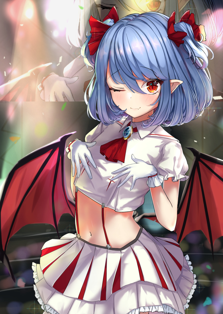 1girl ;) alternate_costume alternate_hairstyle ascot bangs bat_wings blue_hair closed_mouth cowboy_shot eyebrows_visible_through_hair fang gloves hair_between_eyes hair_ribbon hands_on_own_chest highres idol looking_at_viewer midriff navel one_eye_closed pointy_ears red_eyes red_neckwear red_ribbon remilia_scarlet ribbon short_hair skin_fang skirt smile solo standing suspenders touhou two_side_up white_gloves white_skirt wings zoom_layer