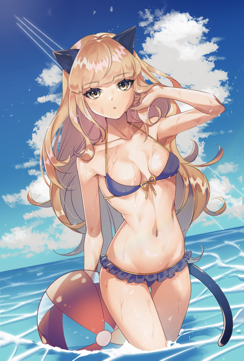 1girl animal_ears ball beachball bikini bikini_skirt blonde_hair blue_bikini blush breasts cat_ears cat_tail collarbone doromaso eyebrows_visible_through_hair highres long_hair looking_at_viewer navel ocean open_mouth outdoors perrine_h._clostermann shiny shiny_hair sky small_breasts solo standing strike_witches swimsuit tail world_witches_series yellow_eyes