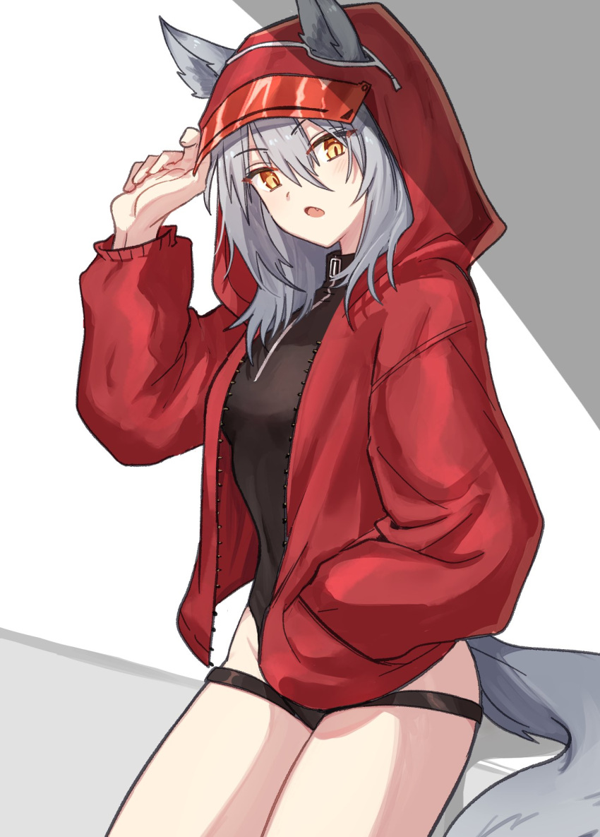 1girl animal_ears arknights black_swimsuit commentary cowboy_shot ears_through_headwear fang grey_hair hair_between_eyes hand_in_pocket hand_up highleg highleg_swimsuit highres hood hood_up jacket looking_at_viewer mabing medium_hair official_alternate_costume one-piece_swimsuit open_mouth projekt_red_(arknights) projekt_red_(light_breeze)_(arknights) red_jacket simple_background solo swimsuit tail thigh_strap white_background wolf_ears wolf_girl wolf_tail yellow_eyes