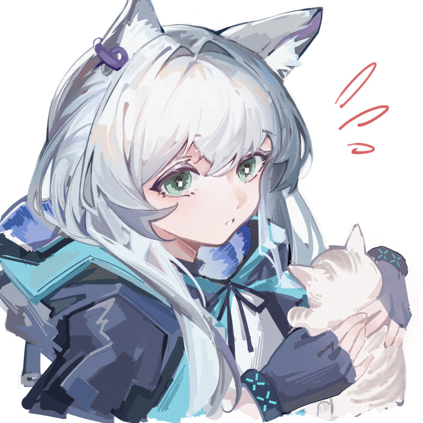 1girl absurdres animal animal_ear_fluff animal_ears arknights black_gloves black_jacket cat cat_ears chinese_commentary earpiece fingerless_gloves gloves green_eyes highres holding holding_animal holding_cat huge_filesize infection_monitor_(arknights) jacket jacket_on_shoulders long_hair lushi_jin_up notice_lines open_clothes open_jacket portrait rosmontis_(arknights) shirt solo white_hair white_shirt wristband