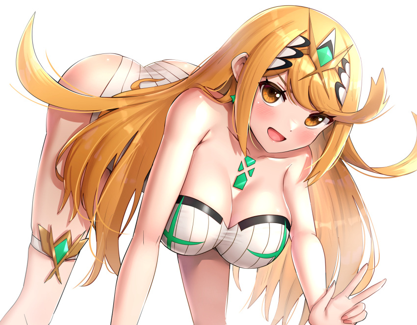 1girl bangs blonde_hair breasts chest_jewel gem gonzarez headpiece highres large_breasts long_hair mythra_(radiant_beach)_(xenoblade) mythra_(xenoblade) one-piece_swimsuit ribbed_swimsuit solo strapless strapless_swimsuit striped swept_bangs swimsuit tiara vertical-striped_swimsuit vertical_stripes very_long_hair white_swimsuit xenoblade_chronicles_(series) xenoblade_chronicles_2 yellow_eyes