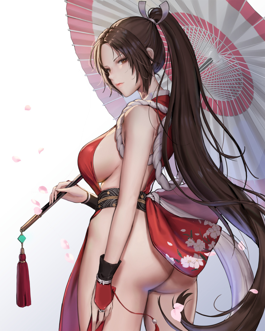 1girl absurdres ass bangs bare_shoulders breasts dress fatal_fury high_ponytail highres jademoon large_breasts long_hair looking_at_viewer obi oil-paper_umbrella parted_bangs pelvic_curtain ponytail red_dress revealing_clothes rope sash shiranui_mai sideboob solo the_king_of_fighters umbrella very_long_hair