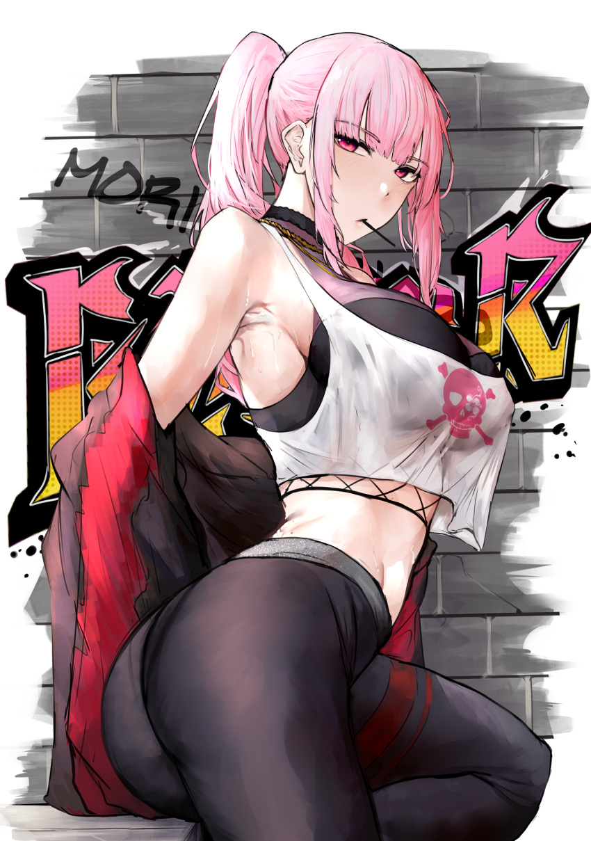 1girl armpits ass black_jacket black_pants blush breasts brick_wall character_name closed_mouth commentary cowboy_shot crop_top crop_top_overhang english_commentary eyebrows_visible_through_hair fishnet_top fishnets graffiti highres hololive hololive_english jacket jewelry large_breasts long_hair looking_at_viewer midriff mori_calliope mouth_hold naokomama navel necklace off_shoulder official_alternate_costume open_clothes open_jacket pants pink_eyes pink_hair ponytail red_jacket skull_print sleeveless solo sweat tank_top tight tight_pants twisted_torso two-tone_jacket virtual_youtuber white_tank_top
