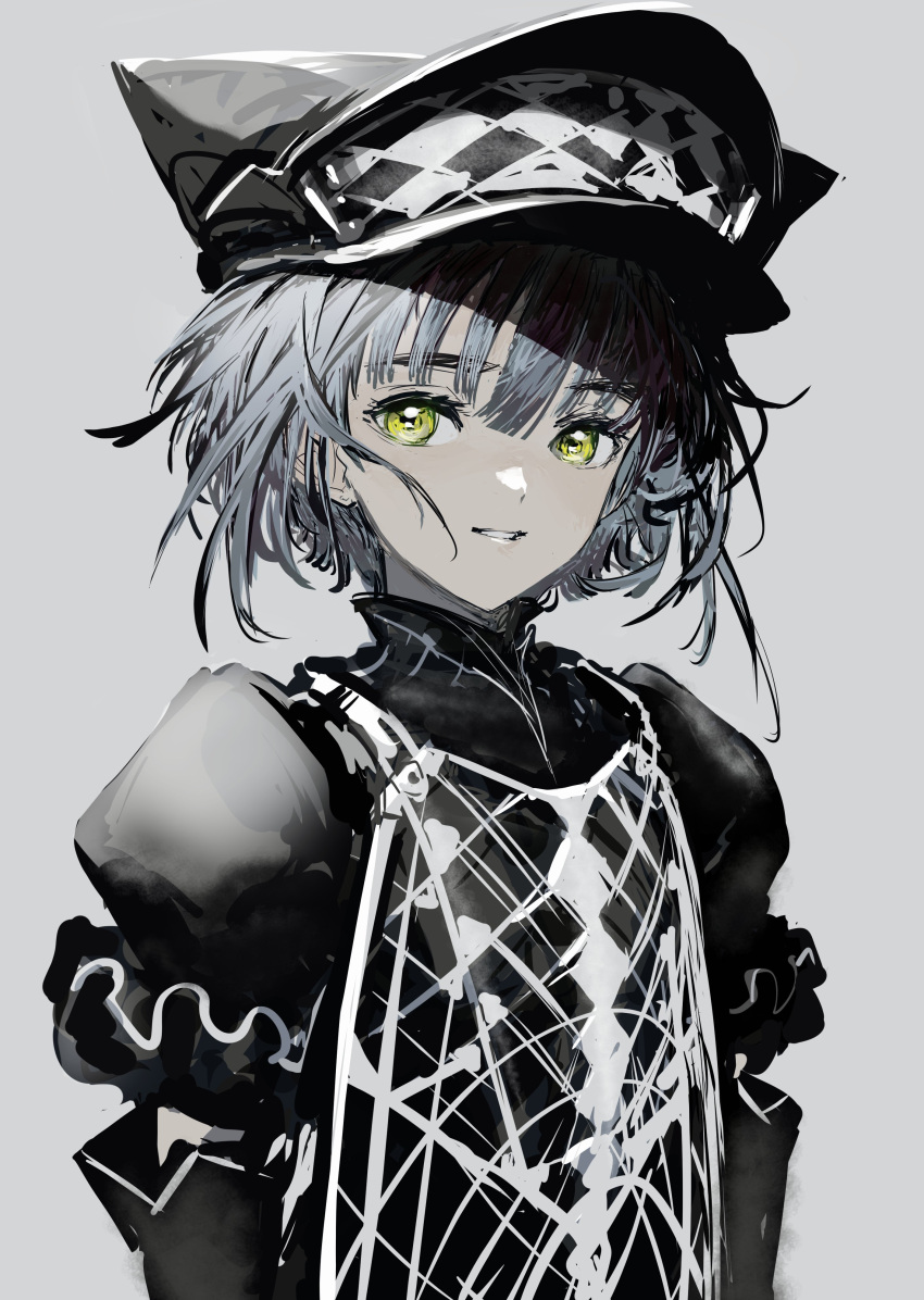 1girl absurdres black_headwear checkered checkered_clothing checkered_headwear green_eyes grey_background grey_hair grey_theme hat highres original parted_lips puffy_sleeves short_hair simple_background smile solo turtleneck upper_body yamori_no_o yellow_eyes