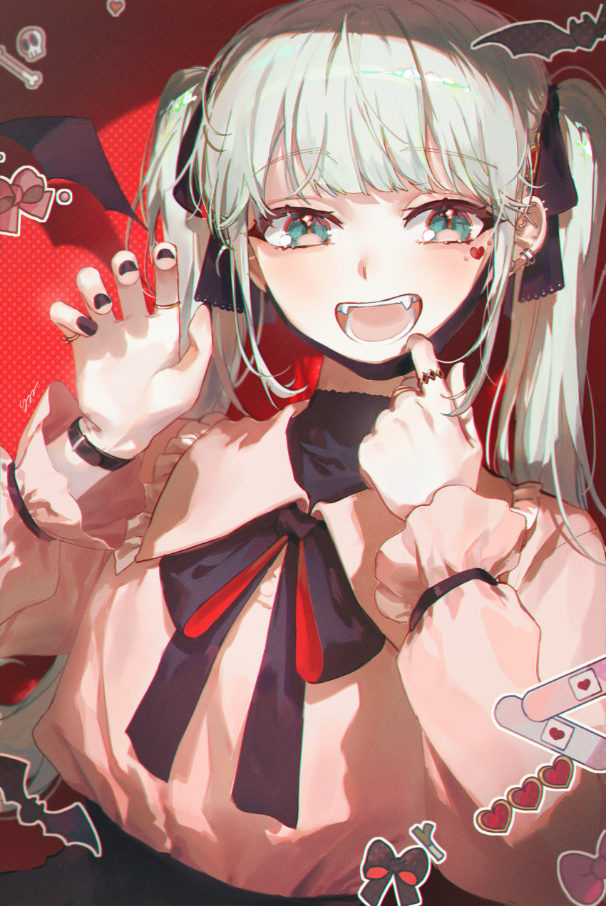 1girl absurdres bangs black_bow black_nails black_neckwear black_ribbon blue_eyes blue_hair bow bowtie commentary_request detached_wings ear_piercing eyebrows_visible_through_hair facial_tattoo fangs frilled_shirt_collar frills hair_ribbon hatsune_miku head_wings heart heart_tattoo highres jewelry kellymonica02 long_hair long_sleeves looking_at_viewer mask mask_pull mouth_mask multiple_rings nail_polish open_mouth piercing pink_shirt puffy_long_sleeves puffy_sleeves ribbon ring shirt solo tattoo teeth twintails upper_body vampire_(vocaloid) vocaloid wings wristband