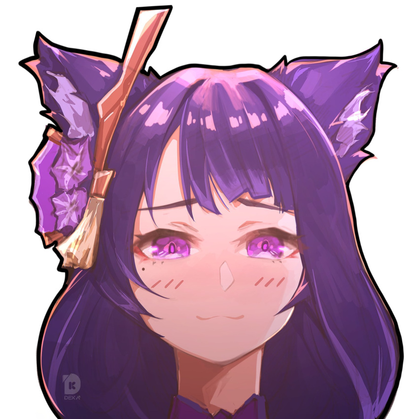1girl bangs blush closed_mouth commentary deka_yo english_commentary flower genshin_impact hair_flower hair_ornament highres long_hair looking_at_viewer mole mole_under_eye purple_flower purple_hair raiden_(genshin_impact) simple_background smile solo tassel violet_eyes white_background