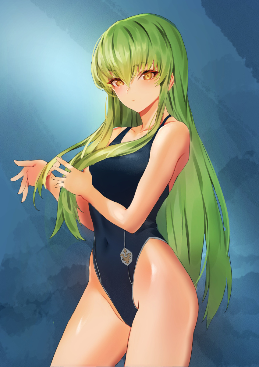 1girl absurdres blue_swimsuit blush c.c. code_geass green_hair highres long_hair one-piece_swimsuit shiny shiny_hair shiny_skin solo standing swimsuit tani_wataru yellow_eyes