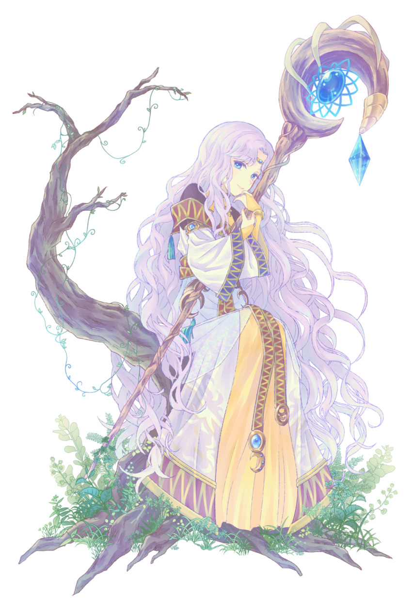 1girl bangs blue_eyes circlet fire_emblem fire_emblem:_thracia_776 highres holding holding_staff in_tree long_hair long_sleeves looking_at_viewer parted_bangs pink_hair plant sara_(fire_emblem) sitting sitting_in_tree solo staff tree very_long_hair white_background wide_sleeves yoshi_(taiko7)