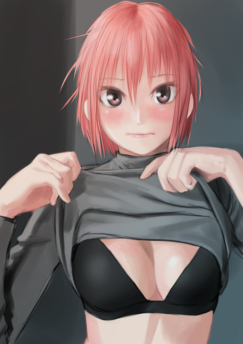 1girl black_bra blush bra breasts brown_eyes closed_mouth clothes_lift grey_sweater hands_up highres kilye_kairi large_breasts long_sleeves looking_at_viewer original pink_hair short_hair solo sweater sweater_lift underwear upper_body