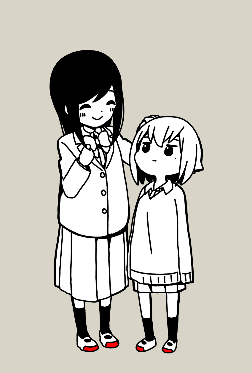 2girls ^_^ alternate_height annoyed bangs blazer blush bow bowtie closed_eyes closed_mouth collared_shirt commentary_request dot_nose full_body grey_background hand_on_another's_head hands_up happy headpat height_switch highres hitori_bocchi hitoribocchi_no_marumaru_seikatsu jacket jitome katsuwo_(cr66g) long_hair long_sleeves looking_at_another looking_up mole mole_under_eye monochrome multiple_girls pleated_skirt school_uniform shirt shoes short_hair simple_background skirt sleeves_past_fingers sleeves_past_wrists smile socks spot_color standing sunao_nako sweater uwabaki