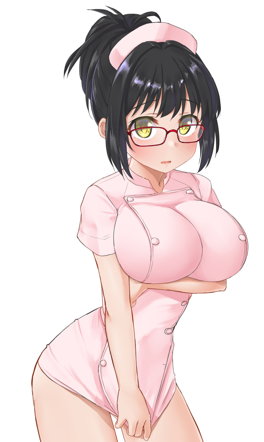 1girl aimobake black_hair blush breast_hold breasts competition_swimsuit cowboy_shot dress dress_tug glasses hat highres idolmaster idolmaster_cinderella_girls kamijou_haruna large_breasts light_frown looking_at_viewer microdress nurse nurse_cap one-piece_swimsuit parted_lips pink_dress pink_headwear red-framed_eyewear short_hair short_ponytail simple_background solo standing swimsuit white_background yellow_eyes
