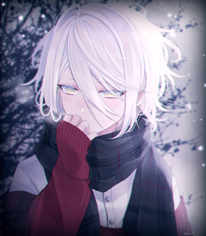 1boy bangs black_scarf blurry blurry_background blush buttons clothes_grab commentary eyebrows_visible_through_hair hair_between_eyes hand_up highres long_sleeves looking_down male_focus medium_hair messy_hair muon original red_sweater scarf shirt sidelocks signature sleeves_past_wrists solo steam sweater tree white_hair white_shirt