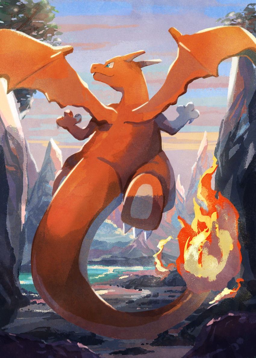 charizard claws closed_mouth clouds day fire flame flying from_behind gen_1_pokemon green_eyes highres mo~zu no_humans outdoors pokemon pokemon_(creature) sky smile solo symbol_commentary