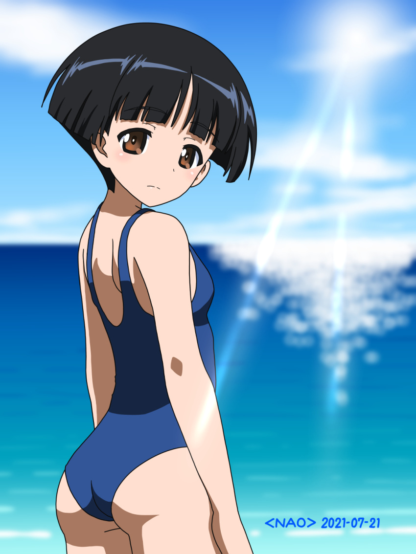 1girl artist_name ass beach black_hair blue_swimsuit blush breasts brown_eyes closed_mouth dated from_behind girls_und_panzer highres konparu_nozomi looking_at_viewer looking_back naotosi ocean outdoors shiny shiny_hair shiny_skin short_hair shoulder_blades sky small_breasts solo swimsuit swimwear