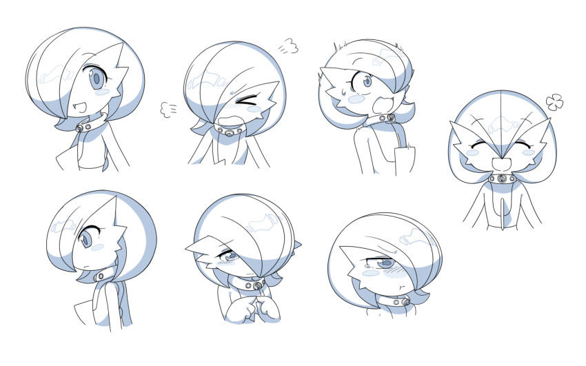 &gt;_&lt; 1girl :t =3 ^_^ annoyed bangs blush blush_stickers bob_cut closed_eyes closed_mouth collar commentary constricted_pupils embarrassed expressions eyebrows_visible_through_hair facing_viewer fidgeting flat_chest flower from_side gardevoir gen_3_pokemon hair_between_eyes hair_over_one_eye half-closed_eyes hands_up happy index_fingers_together looking_at_viewer looking_away looking_to_the_side lotosu mega_stone monochrome multiple_views nose_blush open_mouth pokemon pokemon_(creature) pout profile shiny shiny_hair short_hair simple_background smile surprised sweat tears upper_body v-shaped_eyebrows wavy_eyes wavy_mouth white_background wide-eyed