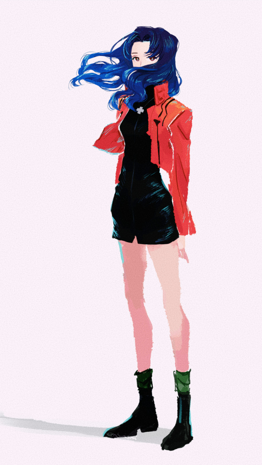 1girl bare_legs black_dress black_footwear blue_hair boots brown_eyes commentary covered_mouth cropped_jacket cross cross_necklace dress floating_hair full_body greek_cross hair_over_mouth highres jacket jewelry katsuragi_misato long_hair long_sleeves looking_at_viewer necklace neon_genesis_evangelion red_jacket short_dress simple_background solo white_background yanqiao