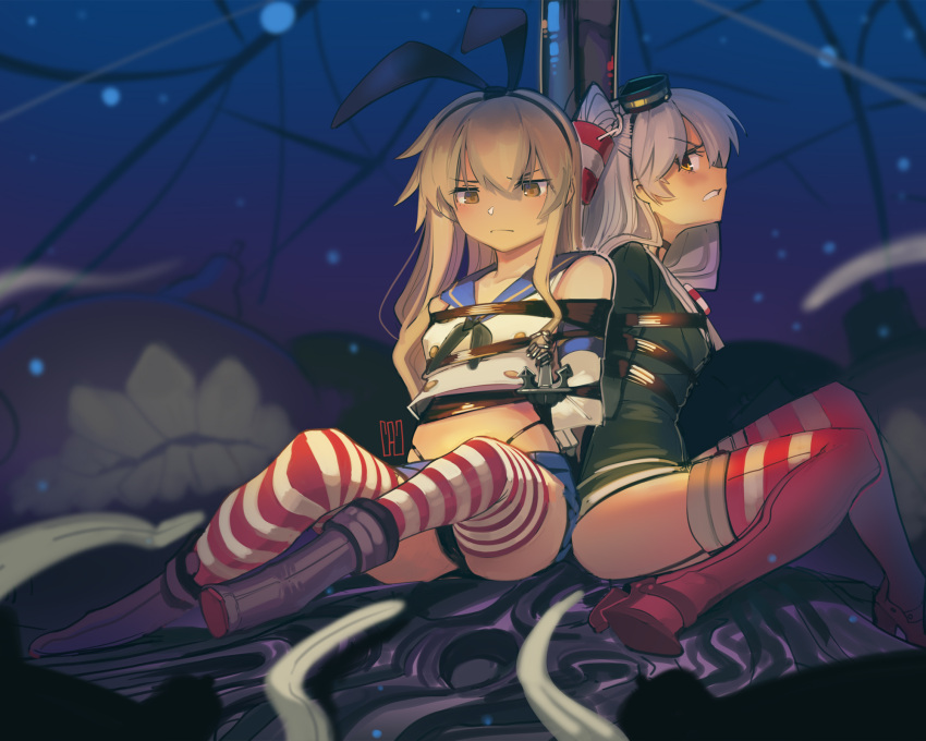 2girls amatsukaze_(kancolle) anchor_hair_ornament arms_behind_back bdsm black_hairband black_panties blonde_hair blue_skirt bondage bound breasts brown_dress brown_eyes crop_top dress elbow_gloves gloves hair_ornament hair_tubes hairband hat highleg highleg_panties highres kaddo kantai_collection long_hair mini_hat miniskirt multiple_girls panties pleated_skirt red_legwear rope sailor_dress shimakaze_(kancolle) short_dress silver_hair skirt small_breasts striped striped_legwear thigh-highs two_side_up underwear white_gloves windsock