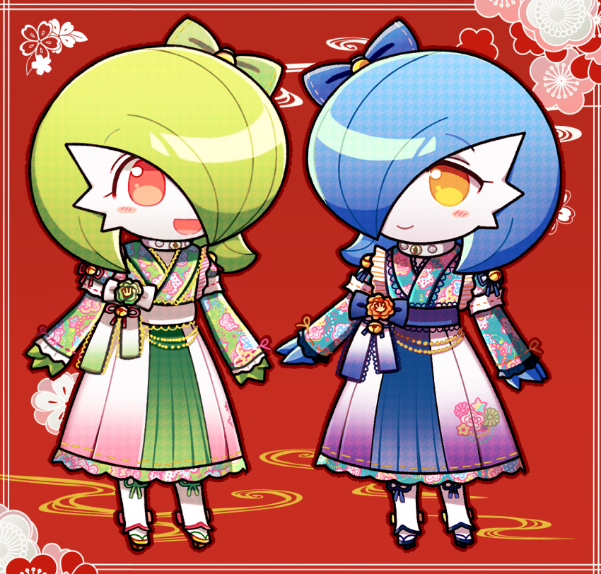 2girls alternate_color bangs bell blue_bow blue_footwear blue_hair blue_kimono blue_ribbon blue_skin blush blush_stickers bob_cut border bow closed_mouth clothed_pokemon collar colored_skin commentary eye_contact eyebrows_visible_through_hair flat_chest floral_print flower frilled_kimono frilled_skirt frilled_sleeves frills full_body gardevoir gen_3_pokemon geta green_bow green_hair green_kimono green_ribbon green_skin hair_bow hair_over_one_eye happy japanese_clothes jingle_bell kimono long_sleeves looking_at_another lotosu mega_stone multicolored multicolored_clothes multicolored_skin multicolored_skirt multiple_girls open_mouth orange_eyes outline pokemon pokemon_(creature) red_background red_eyes red_outline ribbon ribbon-trimmed_skirt ribbon_trim sandals sash shiny shiny_hair shiny_pokemon short_hair skirt sleeves_past_wrists smile standing symmetry two-tone_skin white_skin yellow_footwear