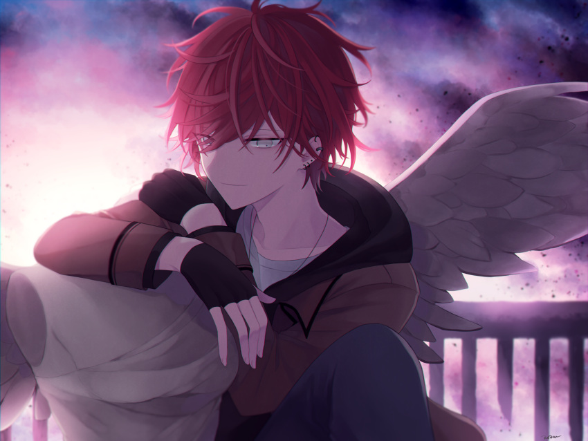 1boy angel angel_wings bangs black_gloves brown_coat coat collarbone commentary_request ear_piercing fence fingerless_gloves gloves green_eyes highres jewelry long_hair long_sleeves male_focus messy_hair muon necklace original piercing redhead shirt sky smile solo tsurime white_shirt wings