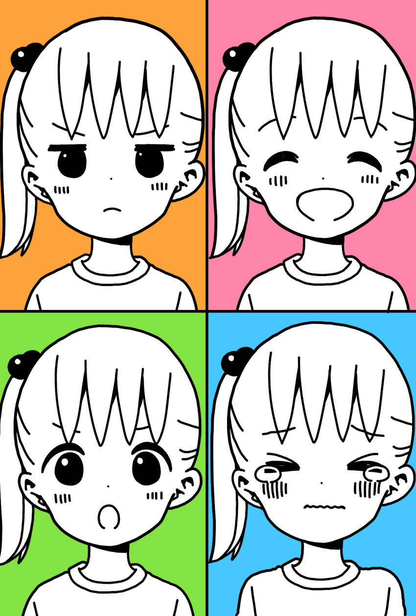 1girl :d :o akamatsu_yui annoyed bangs blue_background blush closed_eyes closed_mouth commentary_request dot_nose expressions eyebrows_visible_through_hair facing_viewer green_background hair_bobbles hair_ornament happy highres katsuwo_(cr66g) looking_at_viewer mitsuboshi_colors multicolored multicolored_background multiple_views one_side_up open_mouth orange_background partially_colored pink_background portrait sad shirt short_hair smile split_mouth tears wavy_mouth
