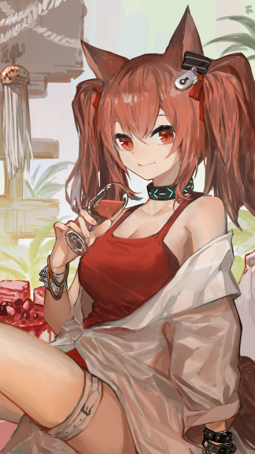 1girl angelina_(arknights) angelina_(summer_flowers)_(arknights) animal_ears arknights bangs bare_shoulders black_choker breasts brown_hair chinese_commentary choker clay_(clayjun) commentary_request cup drinking_glass fox_ears hair_between_eyes hand_up highres holding holding_cup infection_monitor_(arknights) jacket long_hair long_sleeves looking_at_viewer medium_breasts off_shoulder one-piece_swimsuit red_eyes red_swimsuit sitting smile solo swimsuit thigh_strap thighs twintails white_jacket wine_glass