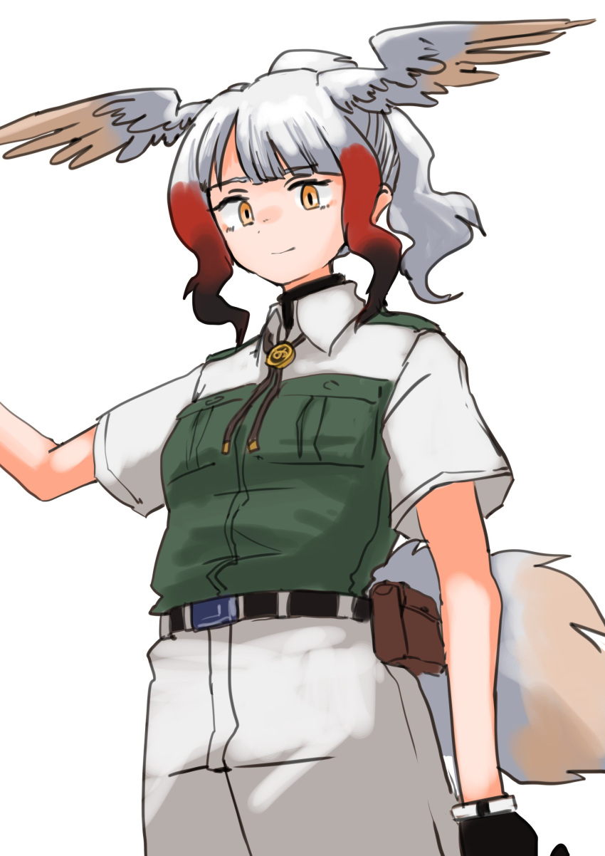 1girl absurdres alternate_hairstyle bird_girl bird_tail bird_wings black_gloves black_hair blush collared_shirt commentary_request cowboy_shot eyebrows_visible_through_hair gloves green_shorts grey_shirt grey_shorts head_wings highres hozumi_sousei japanese_crested_ibis_(kemono_friends) kemono_friends kemono_friends_3 khakis looking_at_viewer neckwear official_alternate_costume orange_eyes ponytail redhead shirt short_hair short_sleeves shorts sidelocks solo t-shirt tail two-tone_shirt uniform white_hair wings