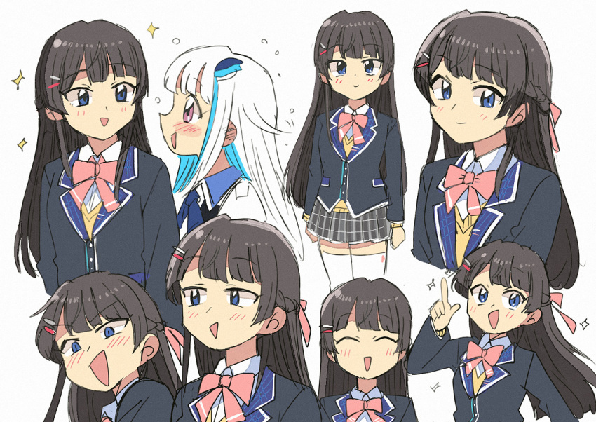 2girls :d ^_^ bangs black_hair black_jacket black_skirt blazer blue_eyes blue_hair blush bow closed_eyes collared_shirt eyebrows_visible_through_hair feather_hair_ornament feathers finger_gun hair_ornament jacket lize_helesta multicolored_hair multiple_girls nijisanji open_mouth pink_bow plaid plaid_skirt pointing pointing_up school_uniform shirt silver_hair skirt smile sparkle streaked_hair tsubobot tsukino_mito v-shaped_eyebrows violet_eyes white_background