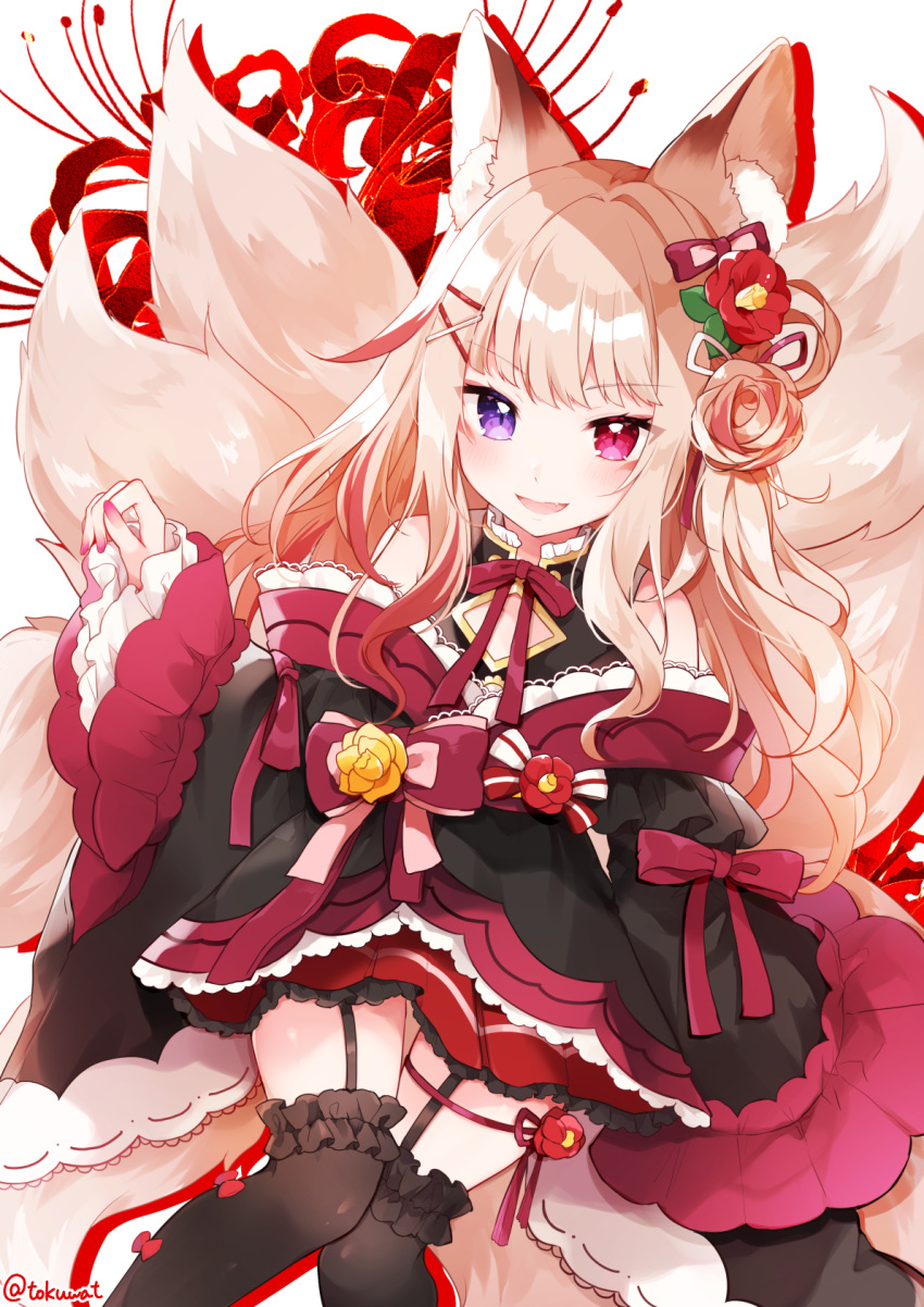 1girl :d animal_ear_fluff animal_ears bangs bare_shoulders black_kimono black_legwear brown_hair commentary_request eyebrows_visible_through_hair fang floral_background flower fox_ears fox_girl fox_tail frilled_legwear fukunoki_tokuwa hair_flower hair_ornament heterochromia highres indie_virtual_youtuber japanese_clothes kimono kitsune kuze_yukari long_hair long_sleeves looking_at_viewer multicolored_hair nail_polish off_shoulder open_mouth over-kneehighs red_eyes red_flower red_nails redhead sleeves_past_wrists smile solo spider_lily streaked_hair tail thigh-highs violet_eyes virtual_youtuber white_background wide_sleeves