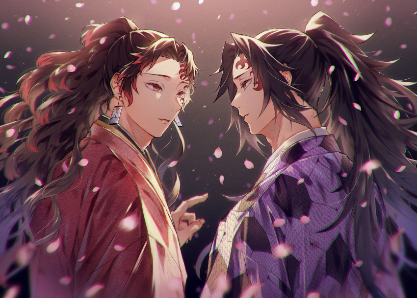 2boys black_hair brothers earrings facial_mark from_side hanafuda haori high_ponytail highres index_finger_raised japanese_clothes jewelry kimetsu_no_yaiba long_hair male_focus multicolored_hair multiple_boys oyumai profile red_eyes redhead siblings tsugikuni_michikatsu tsugikuni_yoriichi twins two-tone_hair upper_body very_long_hair