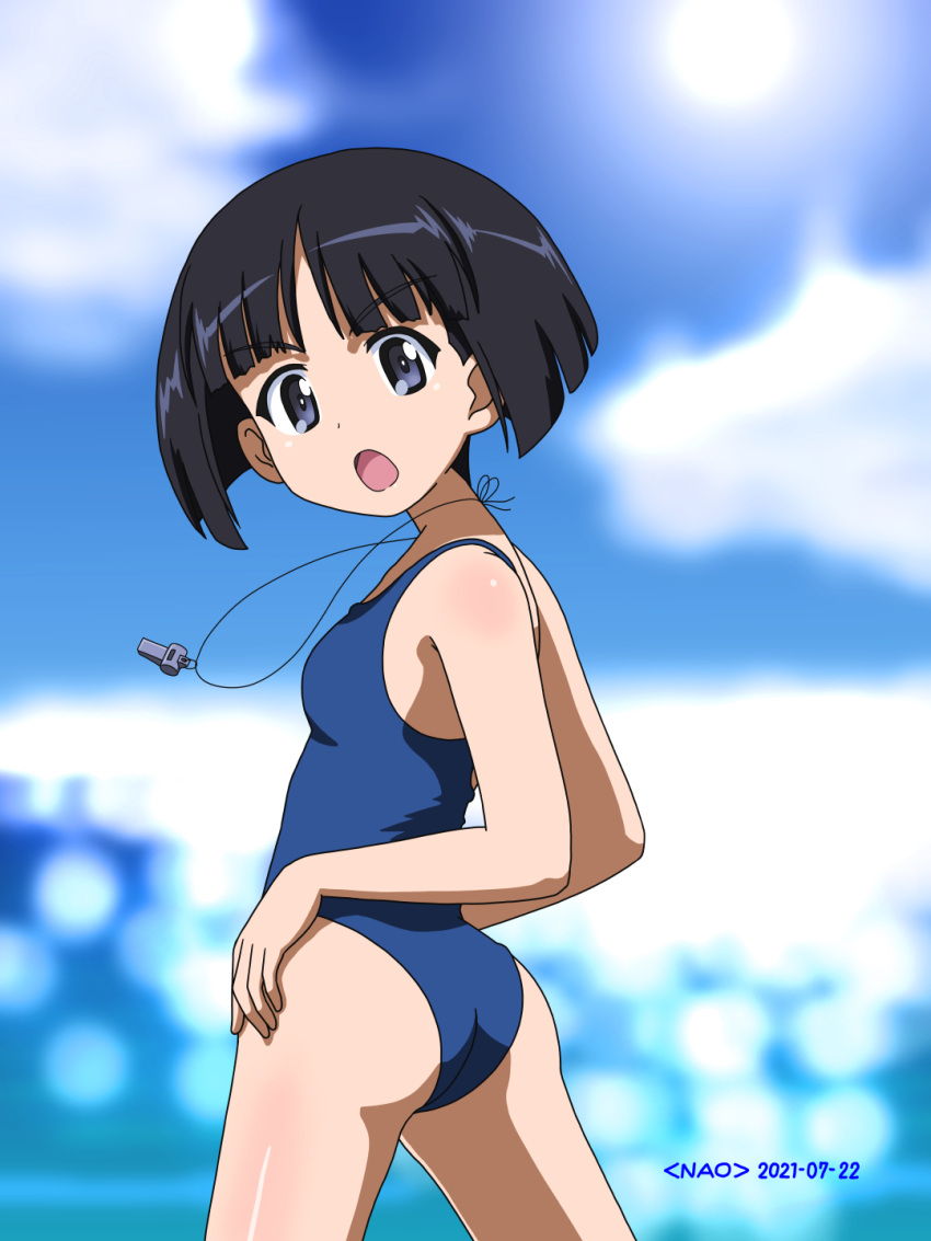 1girl artist_name ass beach black_hair blue_eyes blue_swimsuit blush breasts dated from_behind girls_und_panzer highres looking_at_viewer looking_back naotosi ocean open_mouth outdoors shiny shiny_hair short_hair sky small_breasts solo sono_midoriko swimsuit swimwear whistle whistle_around_neck