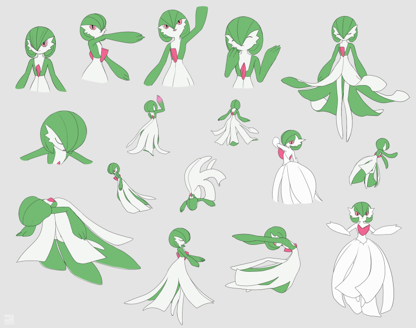 1girl all_fours arm_up back bangs bare_shoulders bob_cut closed_eyes closed_mouth colored_skin commentary dress elbow_gloves flat_chest flat_color from_behind from_side full_body gardevoir gen_3_pokemon gloves green_hair green_skin grey_background hair_between_eyes hair_over_one_eye hand_to_own_mouth hands_up happy highres jumping leaning_forward leg_up lotosu mega_gardevoir mega_pokemon multicolored multicolored_skin multiple_views open_mouth outstretched_arms pokemon pokemon_(creature) red_eyes short_hair simple_background smile standing standing_on_one_leg strapless strapless_dress two-tone_skin upper_body upside-down waving white_dress white_gloves white_skin