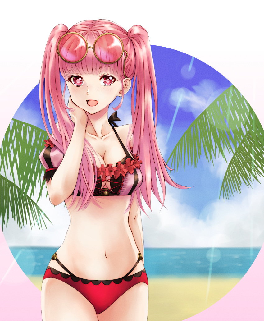 1girl beach bikini breasts cowboy_shot cute day fire_emblem fire_emblem:_three_houses fire_emblem:_three_houses fire_emblem_16 fire_emblem_heroes frilled_bikini frills hilda_valentine_goneril intelligent_systems jkdero long_hair moe navel nintendo ocean open_mouth outdoors palm_tree pigtails pink_eyes pink_hair red_bikini_bottom sky smile solo summer sunglasses sunglasses_on_head super_smash_bros. swimsuit twintails water