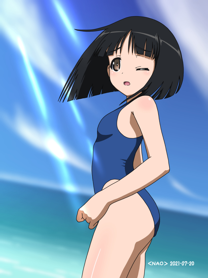 1girl artist_name ass beach black_hair blue_swimsuit blush breasts brown_eyes dated from_side girls_und_panzer gotou_moyoko highres looking_at_viewer looking_to_the_side naotosi ocean one_eye_closed open_mouth outdoors shiny shiny_hair short_hair sky small_breasts solo swimsuit swimwear