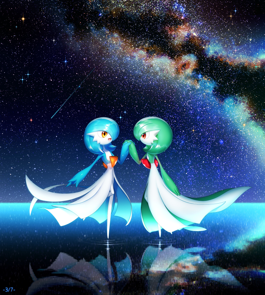 2girls alternate_color bangs blue_hair blue_skin bob_cut closed_mouth colored_skin commentary_request dated eye_contact flat_chest full_body galaxy gardevoir gardevoir_day gen_3_pokemon green_hair green_skin hair_over_one_eye hand_up happy highres holding_hands horizon interlocked_fingers leg_up looking_at_another lotosu multicolored multicolored_skin multiple_girls night night_sky on_water open_mouth orange_eyes outdoors pokemon pokemon_(creature) profile red_eyes reflection ripples shiny shiny_hair shiny_pokemon shooting_star short_hair sky smile standing standing_on_one_leg star_(sky) starry_sky two-tone_skin water white_skin