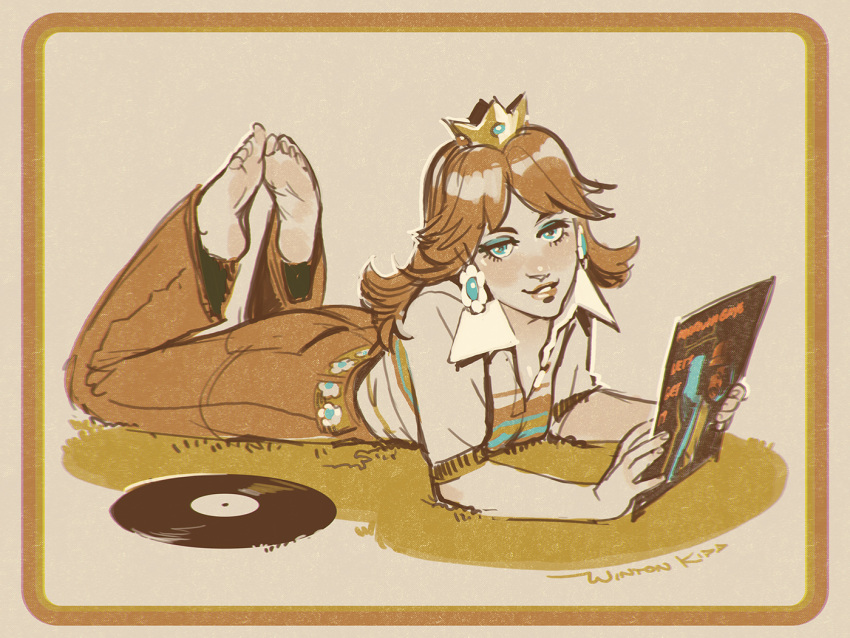 1girl alternate_costume aqua_eyes barefoot blush brown_hair collared_shirt crown earrings eyeshadow full_body holding jewelry legs_up long_hair lying makeup super_mario_bros. on_stomach parted_lips princess_daisy record record_jacket shirt short_sleeves signature smile solo winton_kidd