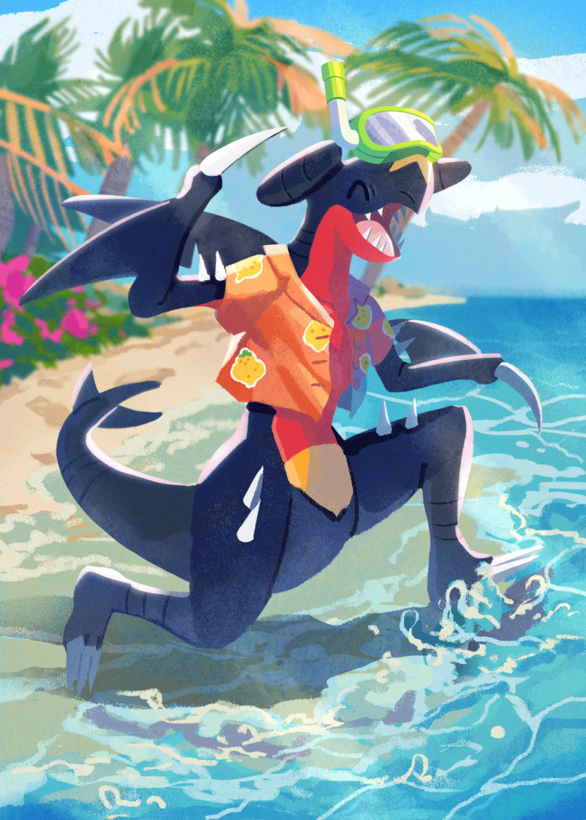 beach claws closed_eyes clothed_pokemon clouds collared_shirt day garchomp gen_4_pokemon goggles goggles_on_head happy highres kneeling mo~zu no_humans open_clothes open_mouth open_shirt orange_shirt outdoors palm_tree pokemon pokemon_(creature) pokemon_unite sand sharp_teeth shirt shore short_sleeves sky smile snorkel solo spikes symbol_commentary teeth tongue tree water |d