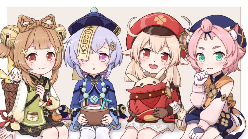 5girls :3 :d ahoge animal_ears backpack bag bag_charm bandaged_leg bandages bangs bangs_pinned_back bead_necklace beads bell black_nails black_shorts bloomers bottle bow bowtie braid brown_eyes brown_gloves brown_hair brown_scarf cabbie_hat cat_ears cat_girl cat_tail charm_(object) chinese_clothes clover_print coat coconut coin_hair_ornament commentary_request detached_sleeves diona_(genshin_impact) dodoco_(genshin_impact) drinking_straw eyebrows_visible_through_hair genshin_impact gloves hair_between_eyes hair_ribbon hat hat_feather hat_ornament highres jewelry jiangshi jumpy_dumpty kagamine_ran klee_(genshin_impact) light_brown_hair long_hair looking_at_viewer low_ponytail low_twintails mechanical_halo multiple_girls necklace ofuda open_mouth orange_eyes orb paimon_(genshin_impact) paw_pose paw_print paw_print_palms pocket pointy_ears purple_hair qing_guanmao qiqi_(genshin_impact) randoseru red_coat red_headwear ribbon scarf short_hair shorts sidelocks simple_background single_braid sitting smile tail thigh-highs twintails underwear violet_eyes white_legwear yaoyao_(genshin_impact) yin_yang yin_yang_orb zettai_ryouiki