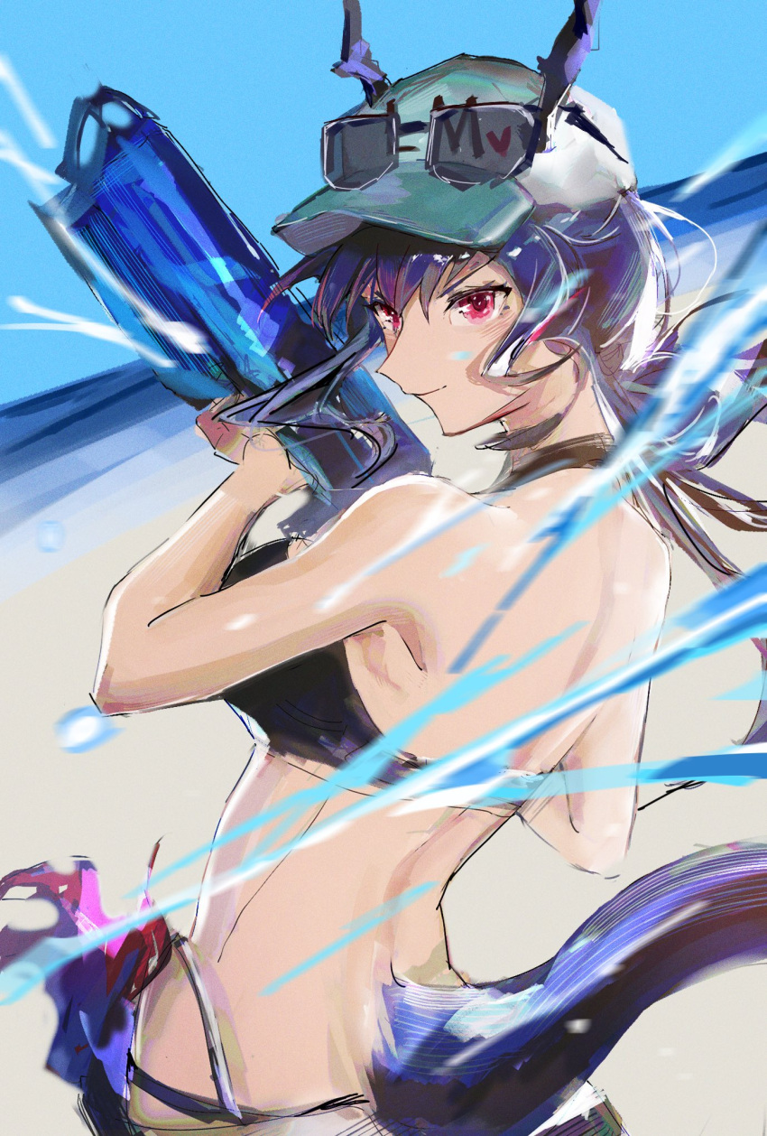 1girl arknights back bangs bare_arms bare_shoulders bikini black_bikini blue_hair breasts ch'en_the_holungday_(arknights) dragon_girl dragon_horns dragon_tail eyewear_on_head hat highres holding horns jinfeng0430 long_hair looking_at_viewer looking_back ponytail red_eyes smile solo sunglasses swimsuit tail upper_body water_gun