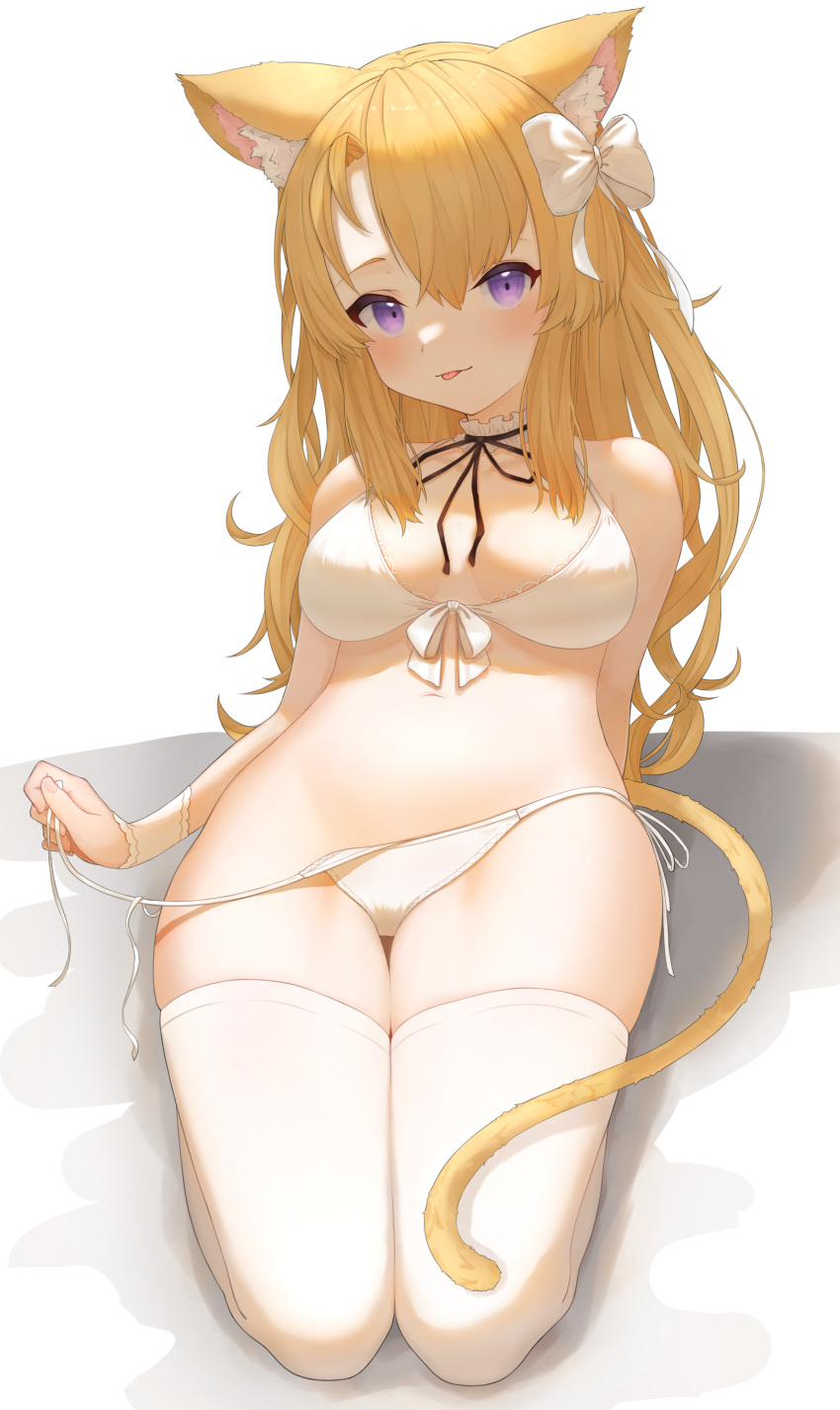 1girl absurdres animal_ear_fluff animal_ears arm_support bare_shoulders bikini blonde_hair bow bow_bikini breasts breasts_apart cat_ears cat_girl cat_tail hair_bow highres kneeling light_smile long_hair looking_at_viewer medium_breasts mill_(user_ypgc2873) navel original stomach string_bikini swimsuit tail thigh-highs tongue tongue_out untied untied_bikini untying violet_eyes white_bikini white_bow white_legwear