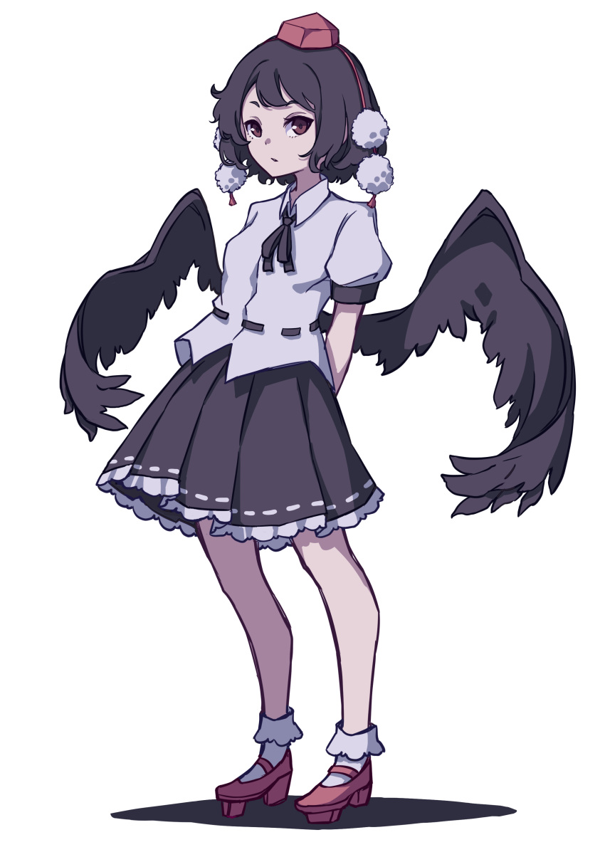 1girl absurdres arms_behind_back bird_wings black_hair black_ribbon black_skirt black_wings camera collared_shirt frilled_legwear frilled_skirt frills geta hat highres kame_(kamepan44231) medium_skirt pom_pom_(clothes) red_eyes red_footwear ribbon shameimaru_aya shirt short_sleeves simple_background skirt socks tengu-geta tokin_hat touhou white_background white_legwear white_shirt wings