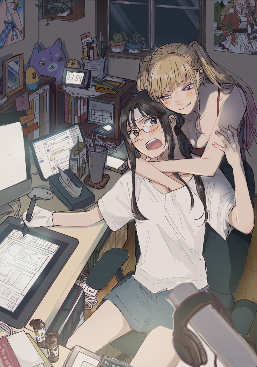 2girls bandaged_head bandages bangs black_eyes black_hair blonde_hair blush book bottle breast_grab breasts cellphone chair clock collarbone computer cup drawing earphones energy_drink eyebrows_behind_hair eyebrows_visible_through_hair glasses gloves grabbing highres hug hug_from_behind indoors lamp long_hair looking_at_another multiple_girls open_mouth original ousawa_yayoi pants pen pencil_case phone poster_(object) shirt shorts sitting sleeveless smartphone smile stylus table tablet_pc tissue tissue_box twintails violet_eyes yuri