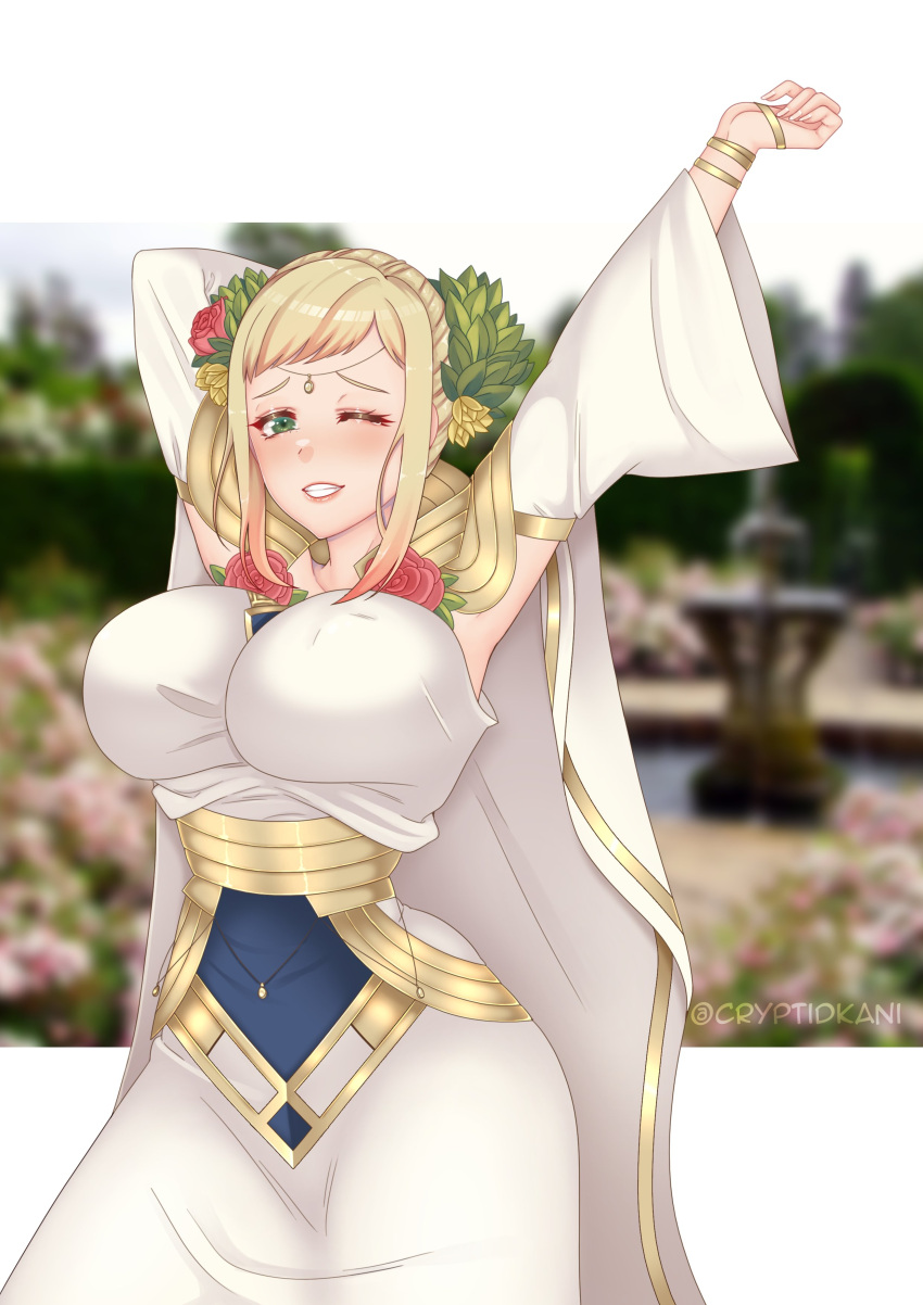 1girl absurdres alternate_costume arms_up blonde_hair blush breasts cape commentary commission covered_nipples cryptid_crab detached_sleeves dress english_commentary fire_emblem fire_emblem_heroes flower gradient_hair green_eyes grin hair_flower hair_ornament henriette_(fire_emblem) highres huge_breasts jewelry lips looking_at_viewer multicolored_hair one_eye_closed pink_hair rose short_hair sidelocks smile solo stretch tied_hair twitter_username white_cape wide_hips wide_sleeves