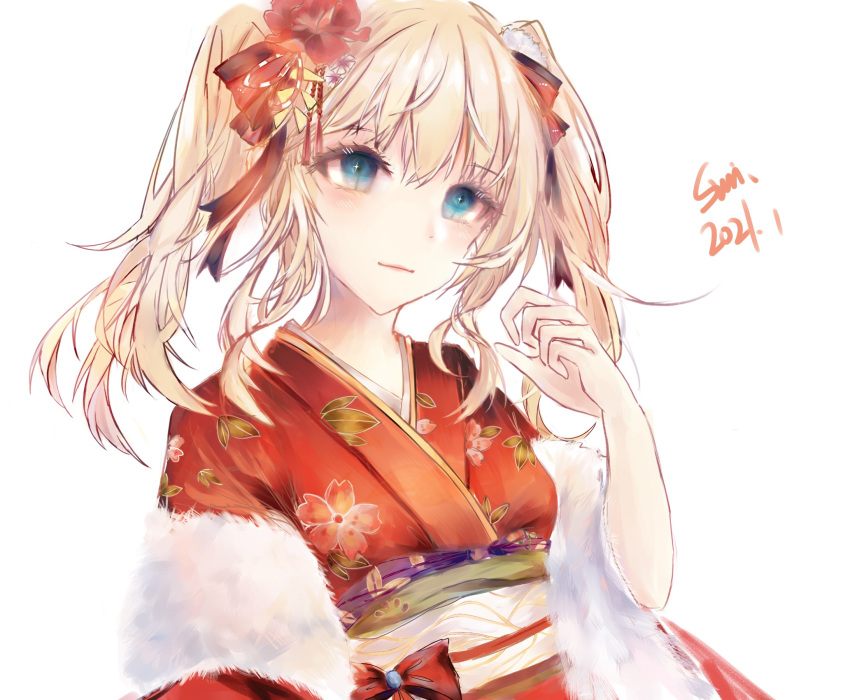 1girl 2021 7160824 artist_name black_ribbon blonde_hair blue_eyes blush breasts closed_mouth eyebrows_visible_through_hair flower fur-trimmed_sleeves fur_trim girls_frontline hair_flower hair_ornament hair_ribbon hand_up highres japanese_clothes kimono long_hair looking_at_viewer looking_away obr_(girls_frontline) ribbon small_breasts solo twintails white_background