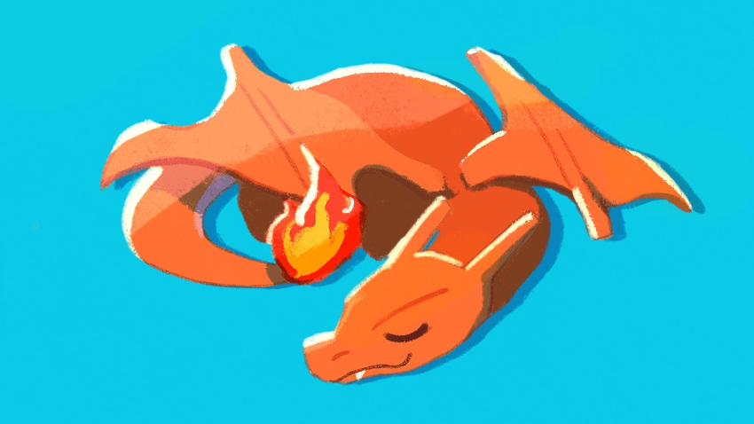 blue_background charizard closed_eyes closed_mouth fang fang_out fire flame full_body gen_1_pokemon lying mo~zu no_humans on_stomach pokemon pokemon_(creature) simple_background sleeping smile solo symbol_commentary