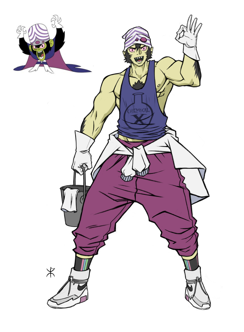 1boy absurdres apoloniodraws areolae arm_hair beanie black_hair blue_shirt bucket chest_hair clothes_around_waist colored_skin green_skin hat highres humanization jacket jacket_around_waist male_focus mojo_jojo muscular muscular_male nike ok_sign overalls powerpuff_girls shirt shoes sneakers socks solo stringer tank_top tied_sweater