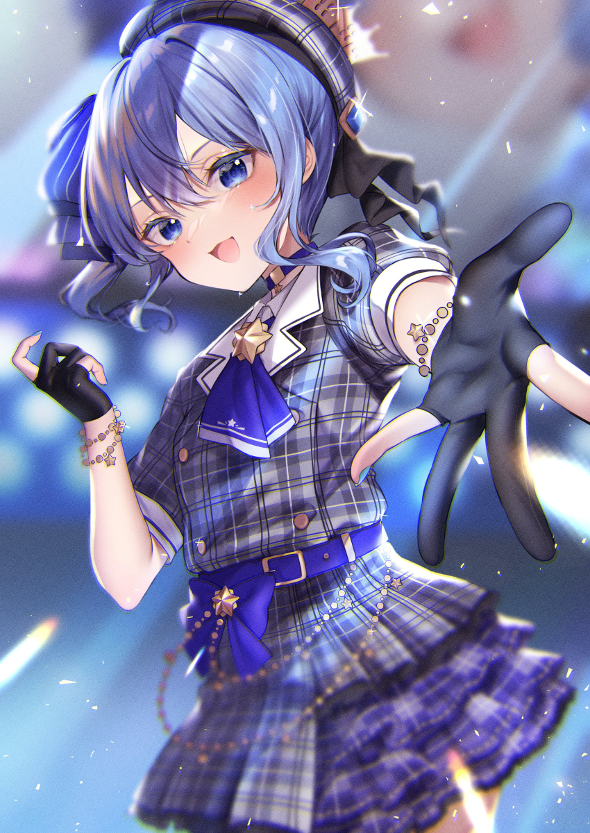 1girl :d absurdres belt belt_buckle beret black_gloves blue_belt blue_choker blue_eyes blue_hair blue_nails blurry blurry_background blush bracelet breasts buckle buta_tamako choker commentary_request cowboy_shot dress gloves grey_dress grey_headwear hair_between_eyes hat highres hololive hoshimachi_suisei jewelry long_hair looking_at_viewer nail_polish open_mouth outstretched_arm partially_fingerless_gloves plaid plaid_dress plaid_headwear reaching_out short_sleeves smile solo sparkle standing star_(symbol) star_in_eye symbol_in_eye virtual_youtuber