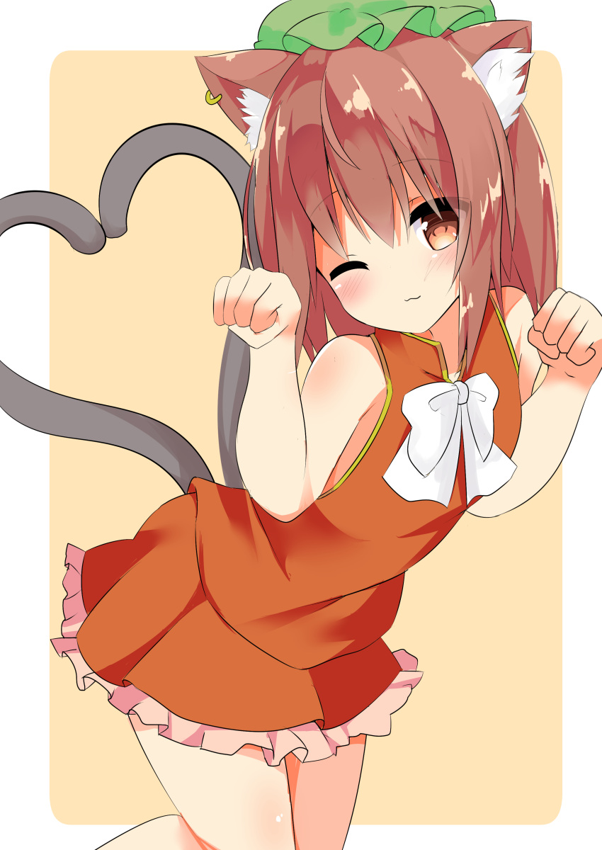 1girl 9150namihana ;3 absurdres animal_ear_fluff animal_ears bangs border bow bowtie brown_eyes brown_hair cat_ears cat_tail chen clenched_hands closed_mouth dress earrings eyebrows_visible_through_hair green_headwear hat heart heart_tail highres jewelry looking_at_viewer mob_cap multiple_tails nekomata one_eye_closed paw_pose red_dress short_hair simple_background single_earring sleeveless sleeveless_dress smile solo tail touhou two_tails white_border white_bow white_neckwear yellow_background